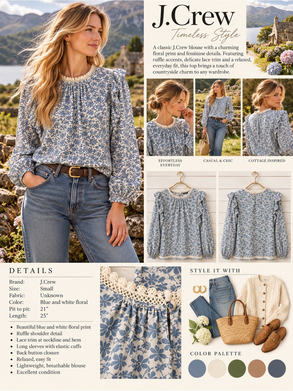 J.Crew Blue & White Floral Ruffle Blouse — Small - Picture 3 of 12